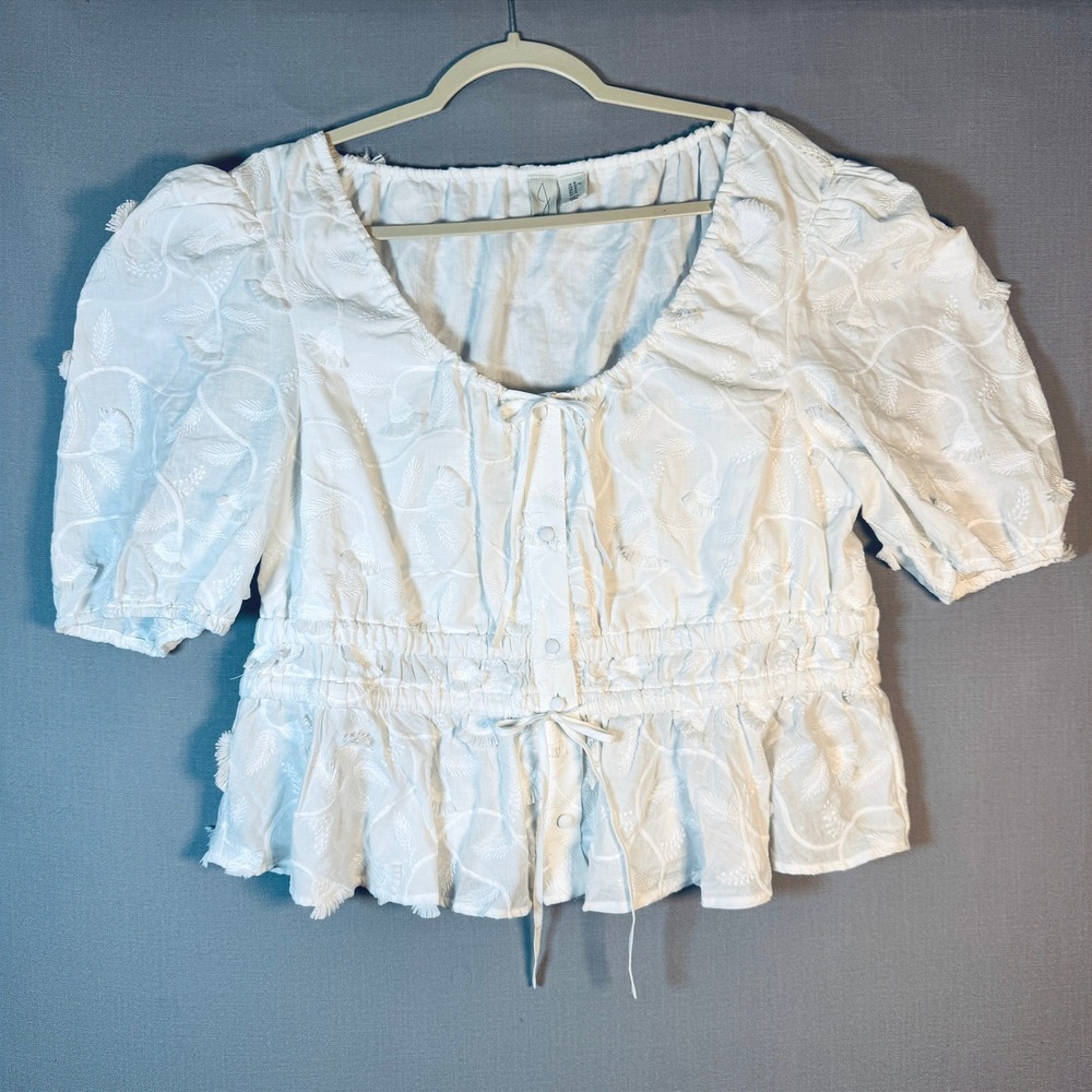 Joie Peplum Blouse Women XL White Embroidered Puff Sleeve Cotton Boho Cottage